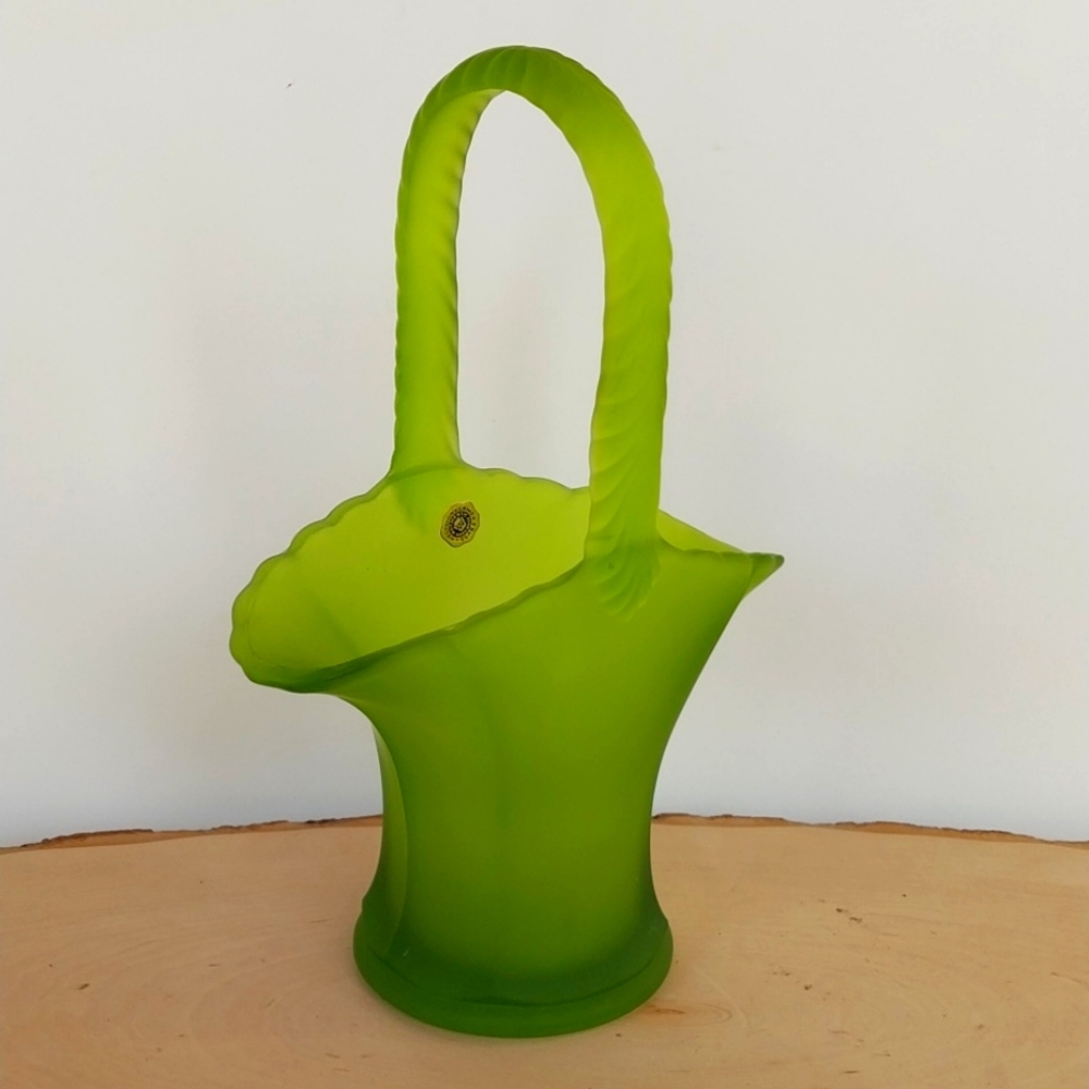 Vintage Westmoreland Green Satin Mist Basket Glass Basket Vase Lg 9" Size